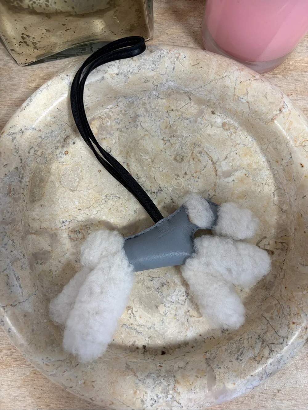 Hermes Budy Shearling and Gray Leather Bag Charm with Black Strap